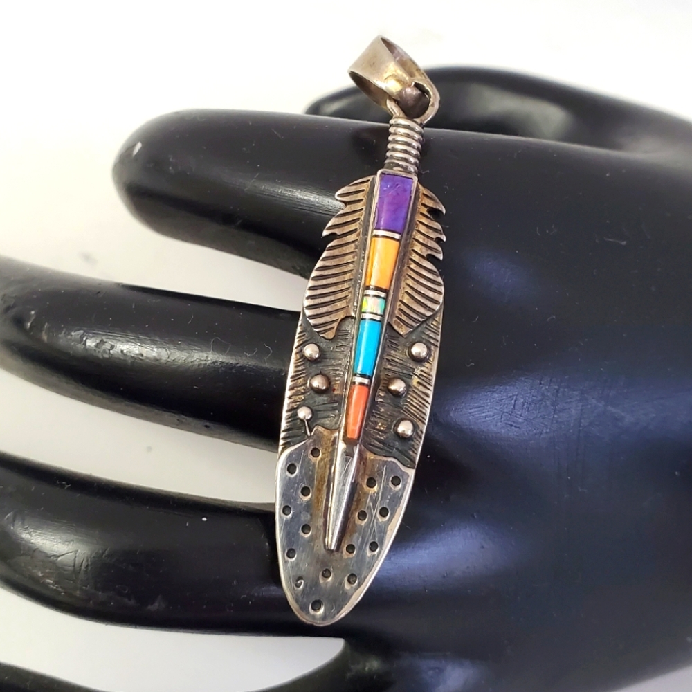 Sterling Silver 925 Turquoise Native American Style Feather Pendant